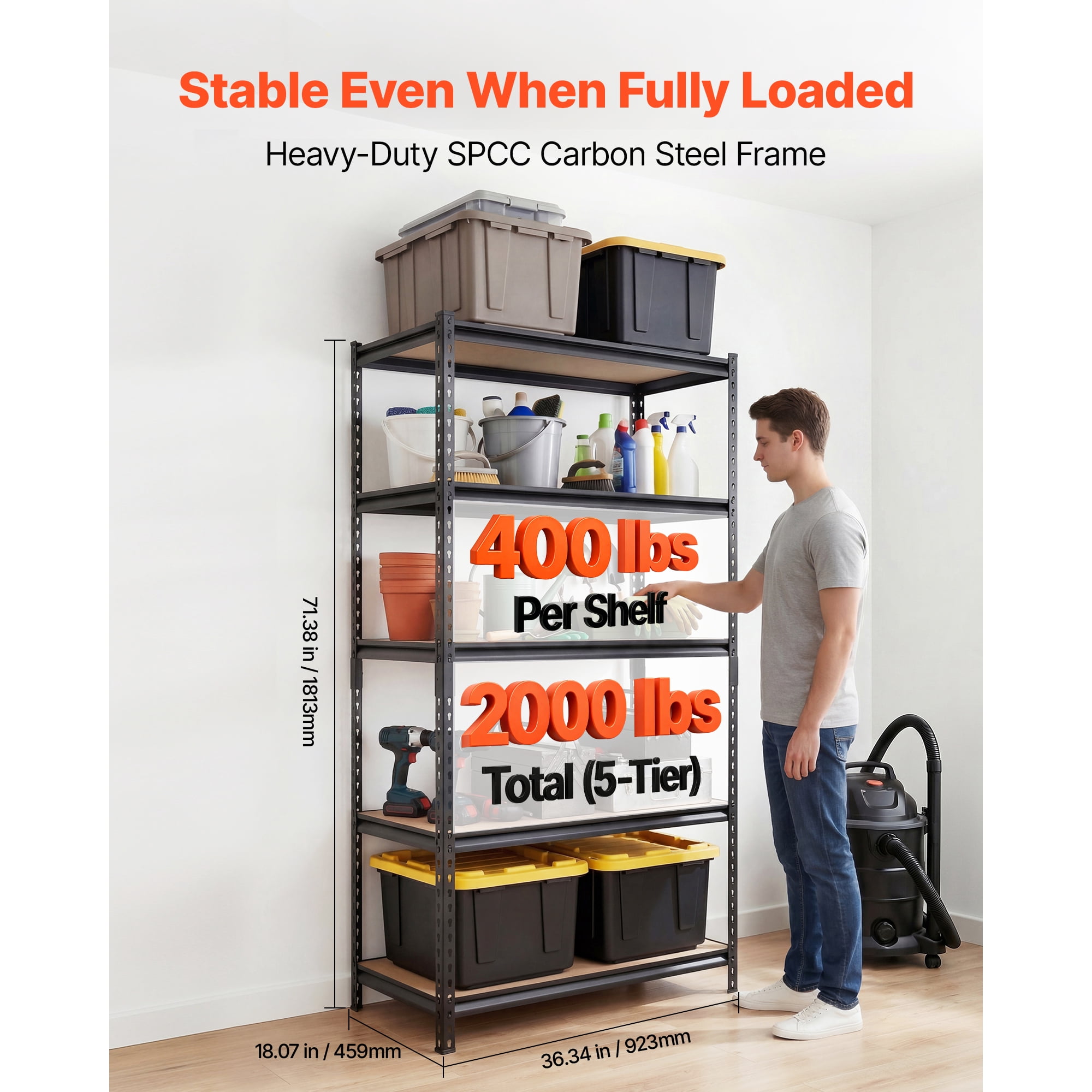 KFFKFF 5-Tier Adjustable Storage Shelves, 2000 lbs Capacity, Heavy-Duty Metal Utility Rack for Garage, Warehouse, Basement, or Kitchen, 36.34" W x 18.07" D x 71.38" H