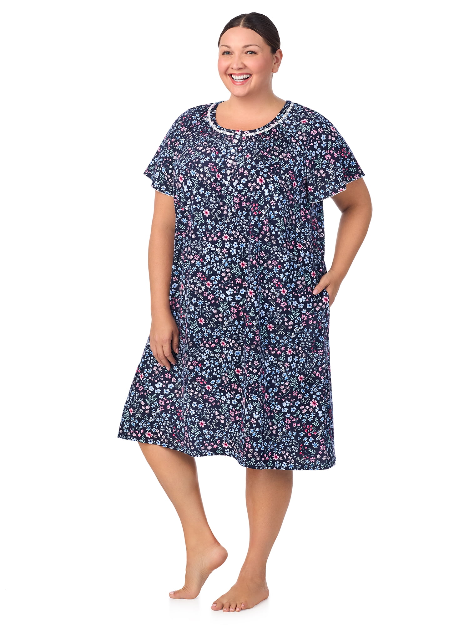 Aria Women's 100% Cotton Raglan Sleeve Smocked Neck Sleepwear 40" Gown, Sizes XS-5X