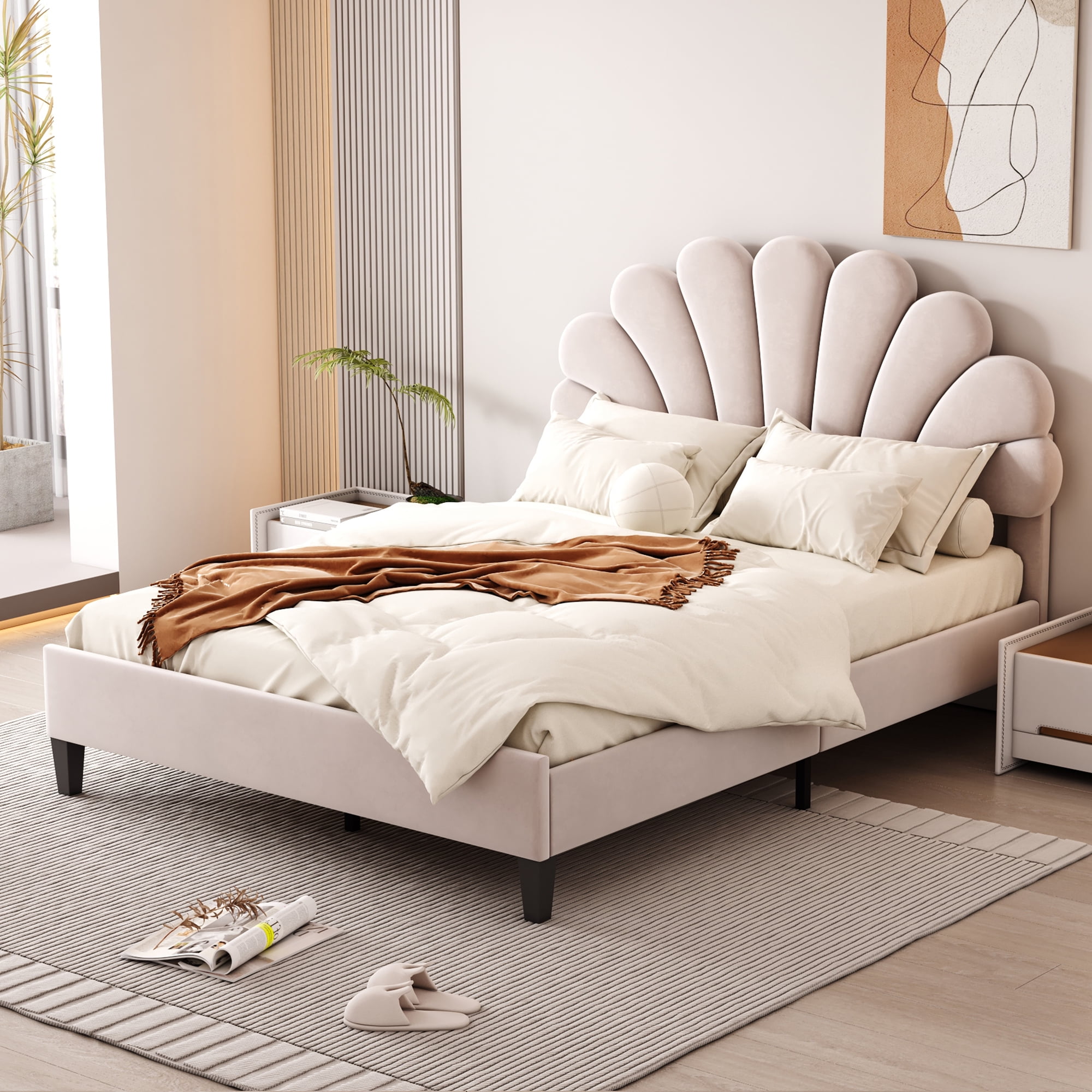 Velvet Full Size Bed Frame with Flower Pattern Headboard,Full Bed Frame with Wood Slat Support for Bedroom,Easy Assembly,76.8"x58.1"x47.4",Beige