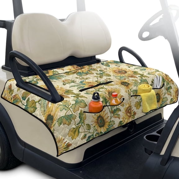 Psesaysky Universal Golf Cart Seat Covers, Seat Blanket with 4 Pockets and Non-Slip Backing for EZGO TXT/RXV & Club Car DS/Precedent, Breathable, All-Season Comfort (Sunflower)