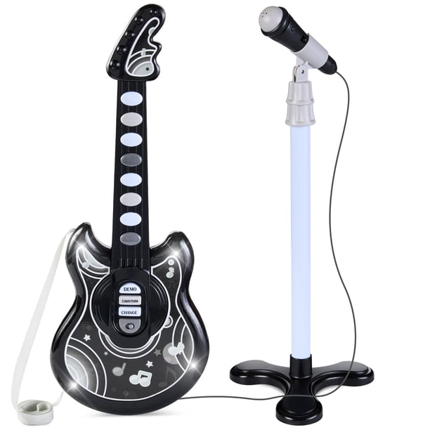 Best Choice Products Guitarra Flash para Niños de 19 Pulgadas, Juguete de Instrumentos Musicales para Niños Pequeños con Micrófono, Soporte - Negro
