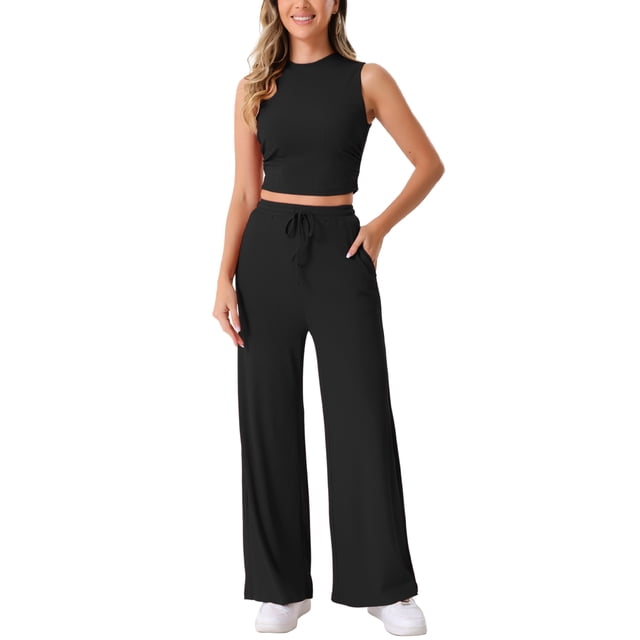 INSPIRAR CHIC Conjunto Casual de 2 Piezas para Mujeres, Top Sin Mangas de Cuello Redondo y Pantalones Anchos de Pierna, Conjunto de Verano para Relajarse en Negro