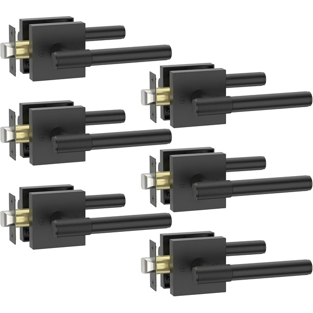 Lot de 6 Poignées de Porte Intérieures Noir Mat, Poignées de Porte à Passage Moletées, Levier de Porte Noir Robuste pour Chambre Ou Salle de Bain, Réversible Sans Clé pour Portes Gauche Droite AM0029 Noir Mat Passage