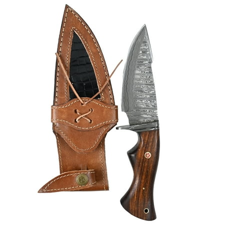 Bobcat Knife Fixed Blade Damascus Steel Full Tang Camping Survival Knives with Ash Wood Handle & Leather Sheath