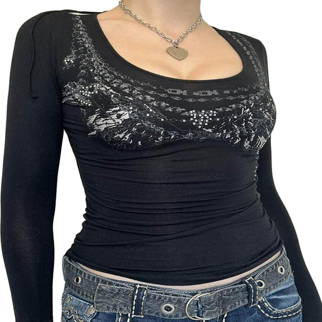 Ladies‘ Gothic Tops with Slim Fit and Rhinestone Chain Print on Long Sleeves