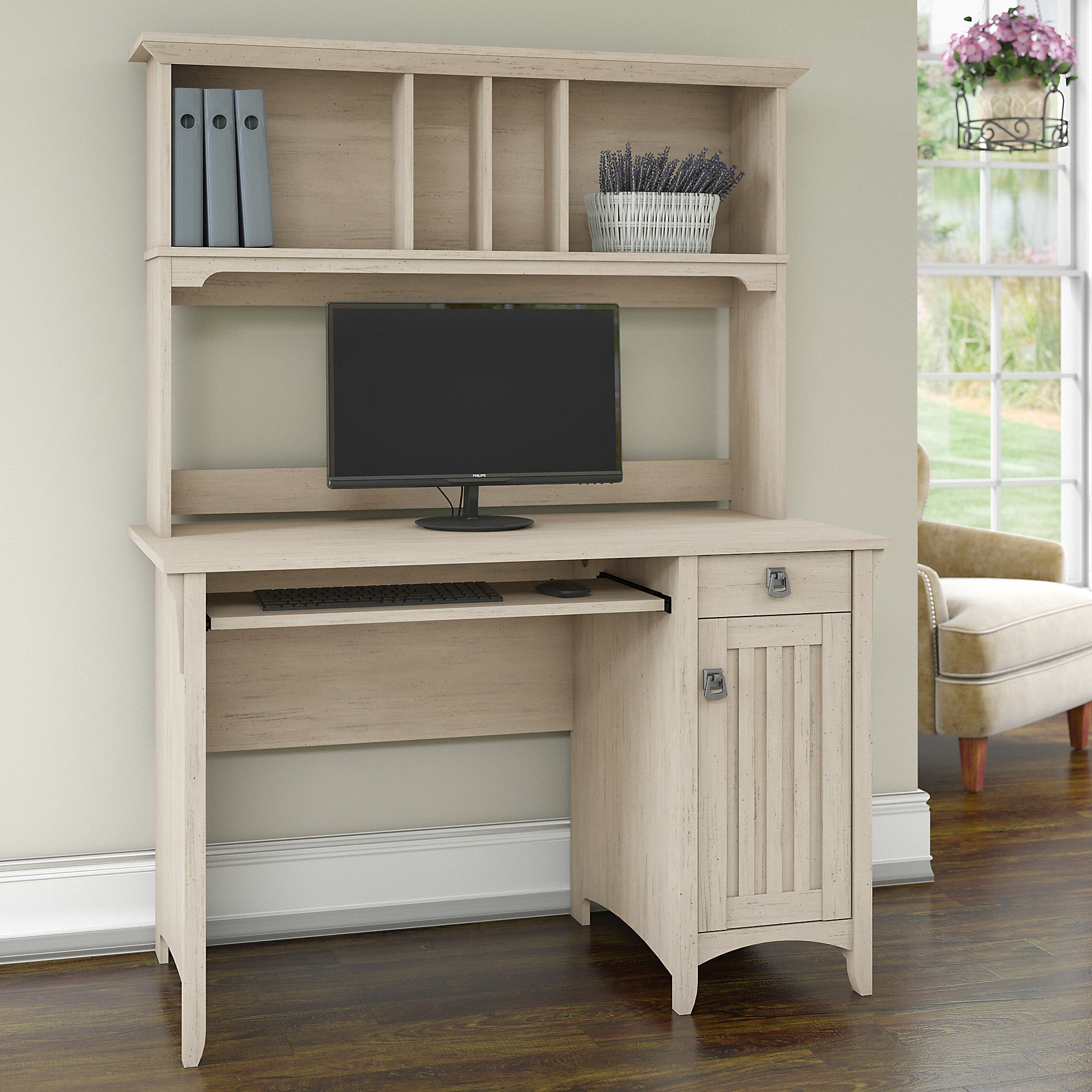 White Computer Desk with Shelves and Storage Bin 