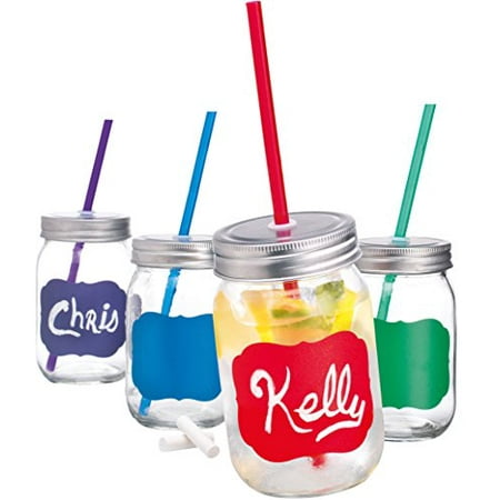 Palais Mason Jar Tumbler Mug with Stainless Steel Lid and Decorative Straws - 15 Ounces - Set of 4 (Colored Chalk It Up W/Chalk & Matching Straws) Palais Mason Jar Tumbler Mug with Stainless Steel Lid and Decorative Straws - 15 Ounces - Set of 4 (Colored Chalk It Up W/Chalk & Matching Straws)