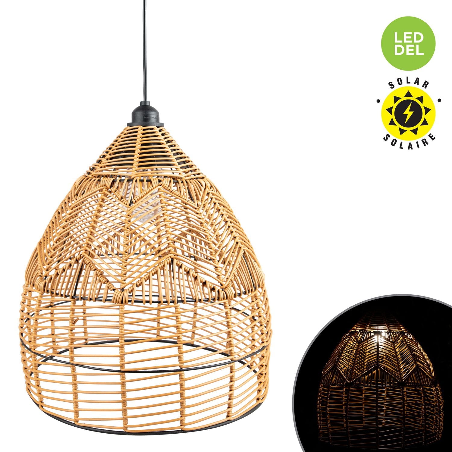 SOLAR HANGING LED LAMP WITH RATTAN STYLE SHADE, WARM WHITE
