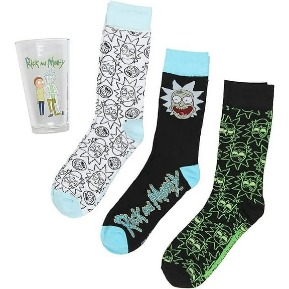 Rick and Morty 3 Pairs of Socks Plus Character Design Pint Glass Gift Set Bundle