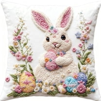 Easter Bunny Pillow Covers 18x18 Inch Set of 2, Cute Rabbit Floral Basket Outdoor Pillowcases Cotton Square Cushion Covers for Sofa Couch Bedroom Living Room Decor