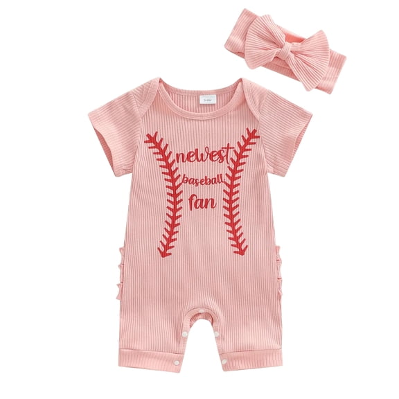 WIBACKER Ribbed Knit Romper and Headband Outfit Set for Newborn Baby Girls Infant Baseball Fan Short Sleeve Jumpsuit Summer Coming Home Clothes
