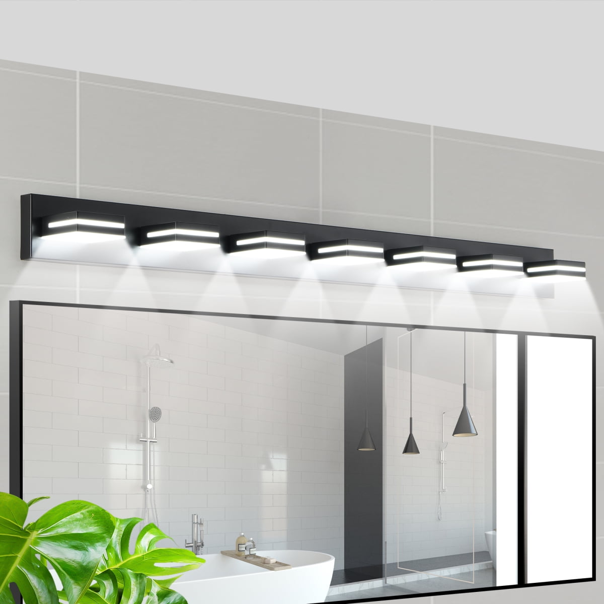 Modern Black LED Vanity Light, 7-Lights Wall Sconce for Bathroom and Mirror, Sleek Minimalist Design, Energy-Efficient, Easy to Install On-Site