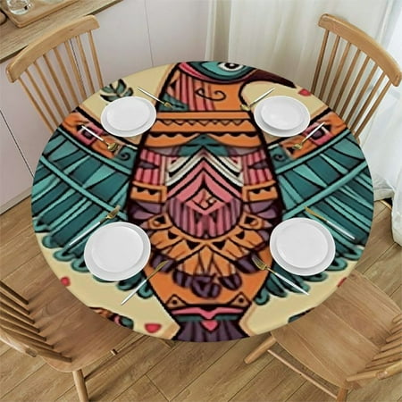 

HAOXIT Decorative Round Fitted Tablecloth Elastic Edged Polyester Table Pad Folk Bird Figure Open Wings Fabric Table Cover Fits Round Table for Indoor Outdoor Patio Use 31-35