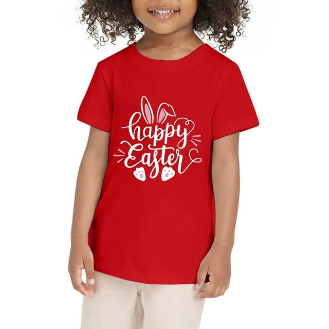 T-shirt de Pâques pour Enfants Filles Manches Courtes Mignon Lapin Imprimé Décontracté Col Rond Basique T-Shirts pour Garçons 6-8 Ans