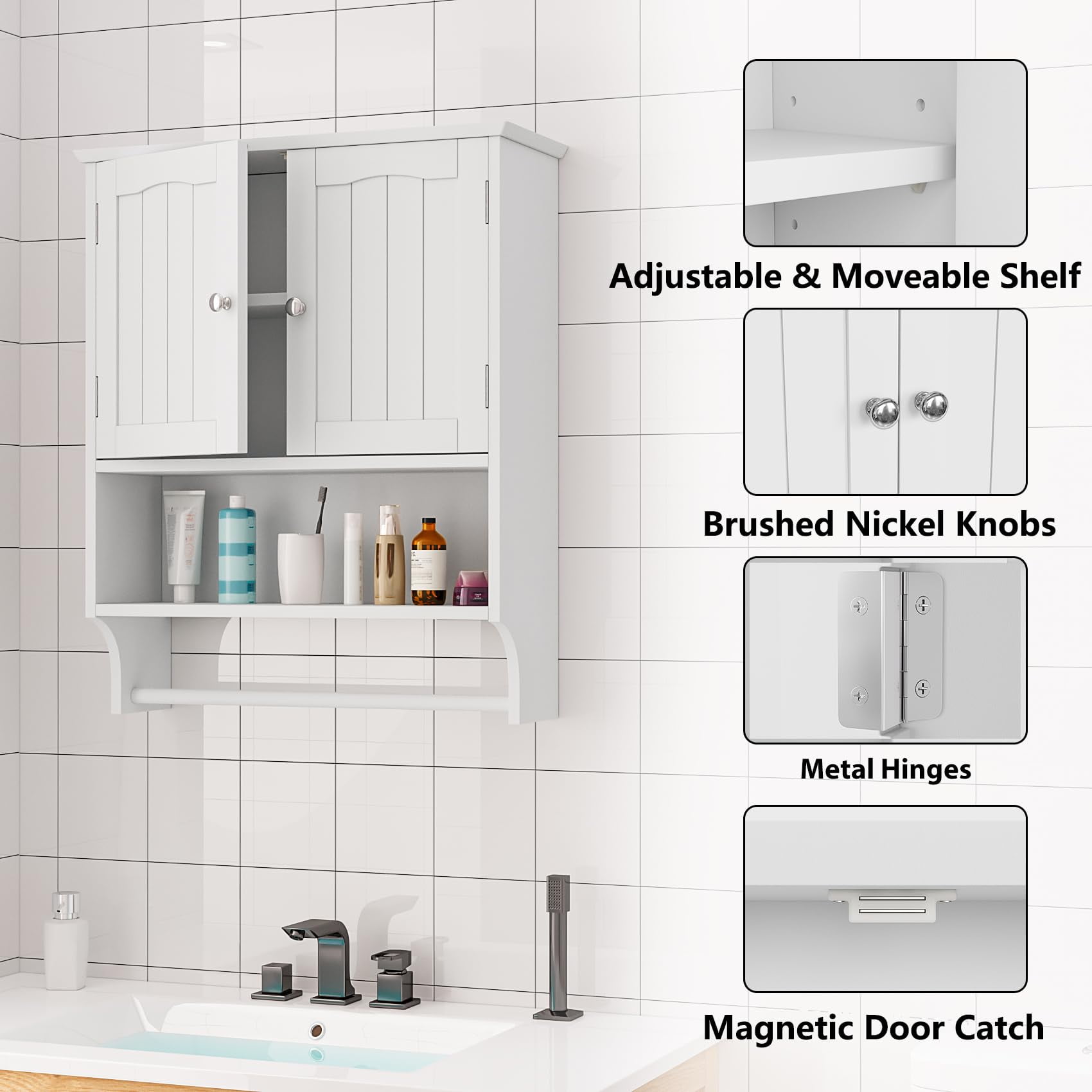 Semiocthome Bathroom Medicine Cabinet with Towel Bar and 3 Shelves Over Toilet Storage, White