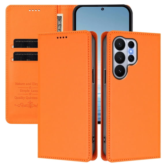 ELEHOLD for Samsung Galaxy S26 Ultra PU Leather Wallet Case, Slim Fit Full Body Shockproof Flip Kickstand Drop Protection Cover, Orange