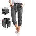 thumbnail image 4 of WCMZJ Capris Pants for Women Cotton Linen Casual Summer 2025 Straight Wide Leg Loose Drawstring Elastic Waist Cropped Trouser Gray M, 4 of 5