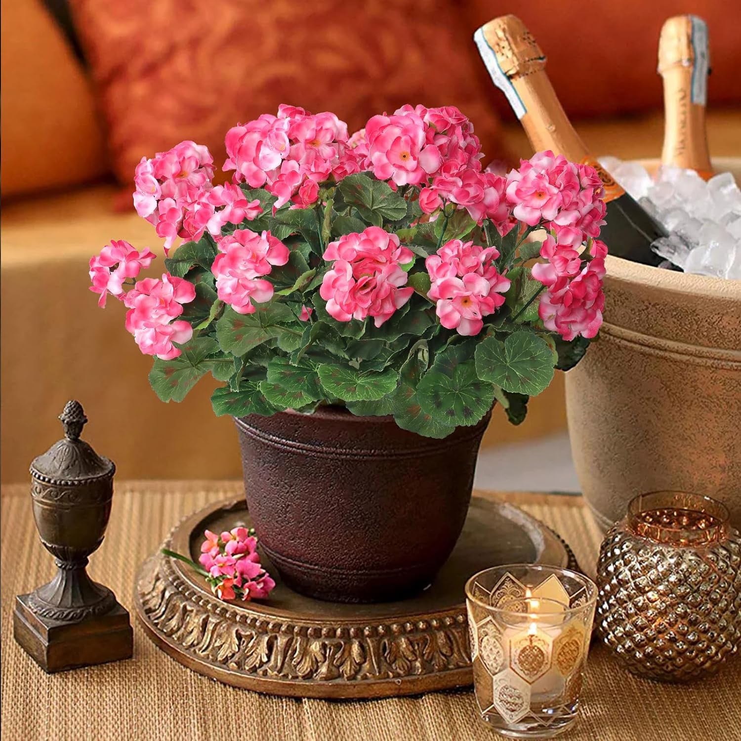 9 Pcs 14'' Artificial Geranium Silk Flower Outdoor UV Resistant Garden Plants Bush Faux Flowers for Home Wedding Kitchen Table Centerpieces Decor (Pink)