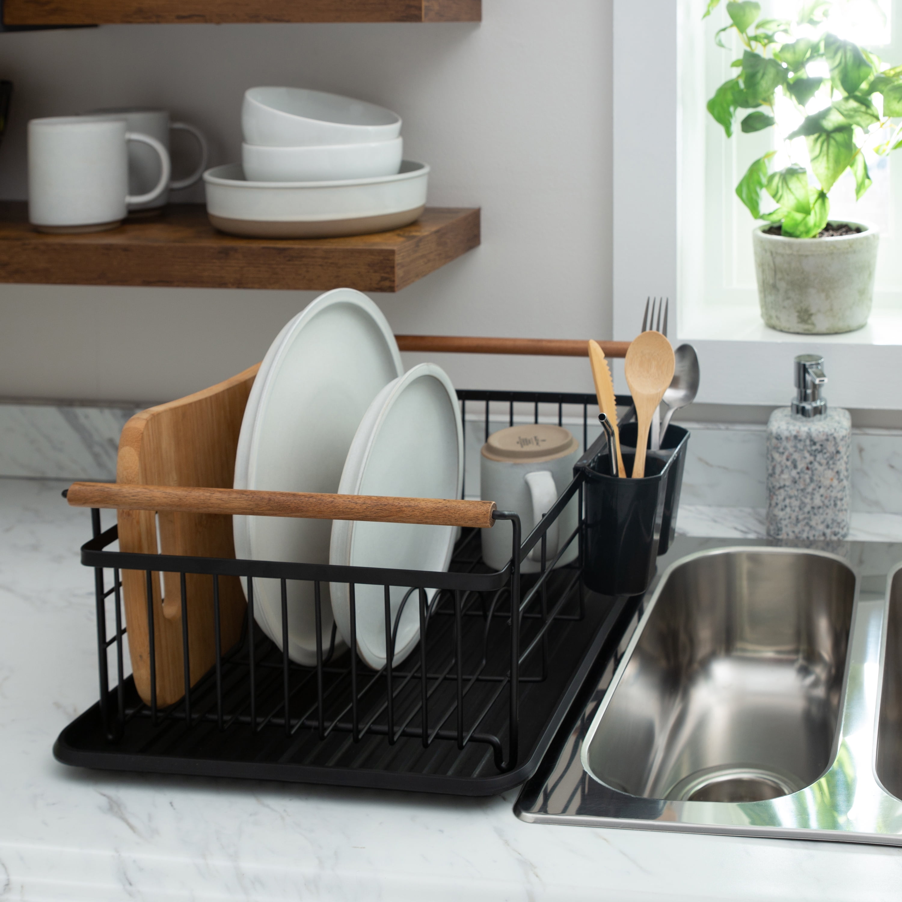 Kitchen Details Acacia Wood Drying Rack with Draining Tray in Black