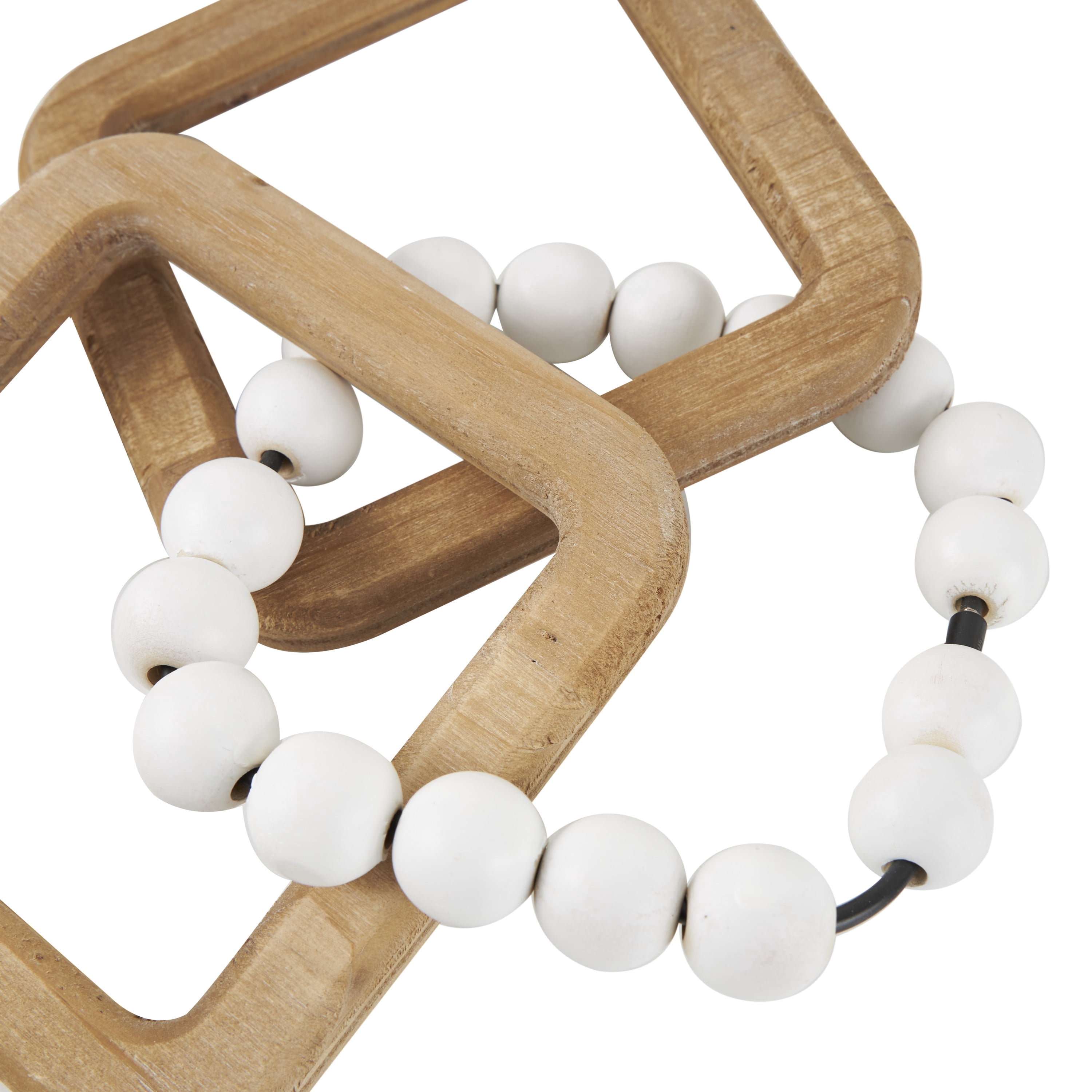 14"W, 2"H Brown Wood Geometric 3 Link Chain Sculpture with White Beaded Accents, by DecMode (2 Count)
