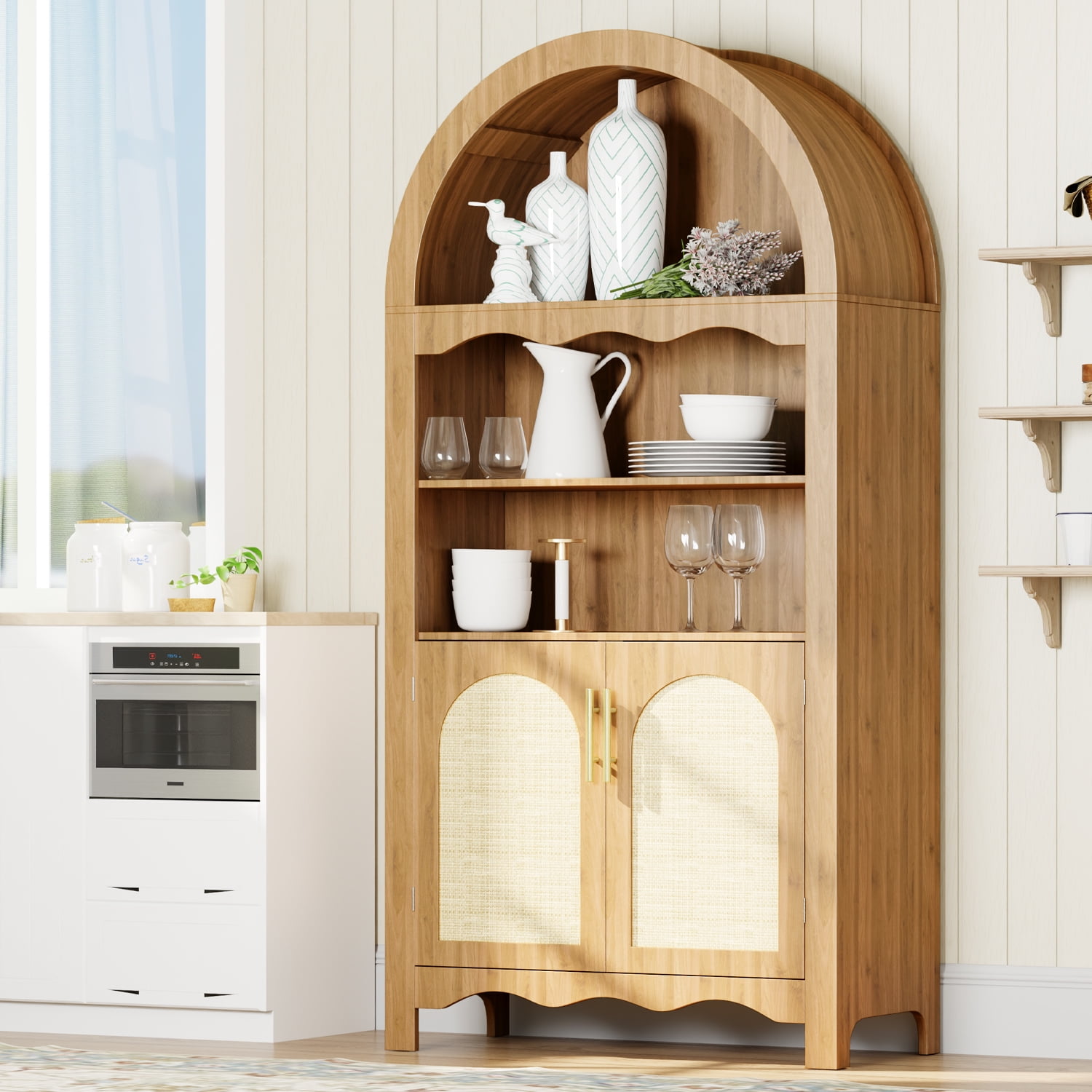 LAZZO 63" Arched Pantry Cabinet, Storage Cupboard with Anti-Tipping Device, Natural Wood Color