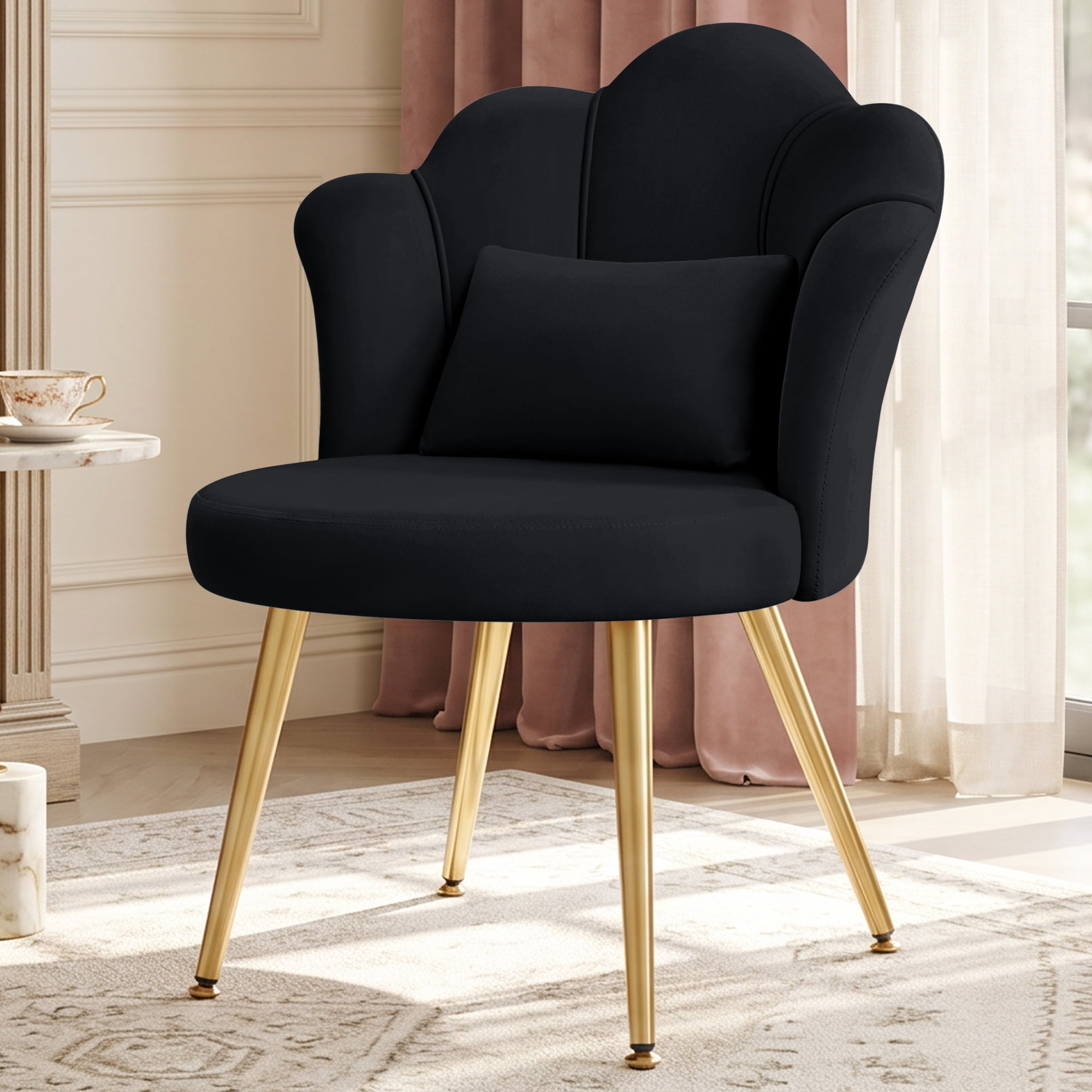 COOLHUT Petal Velvet Vanity Chair, Flower Cute Girls Mack Up Vanity Stool Chair with Lumber Pillow and Adustable Gold Legs, Upholstered Small Desk Chair for Living Room Bedroom Home Office, Black