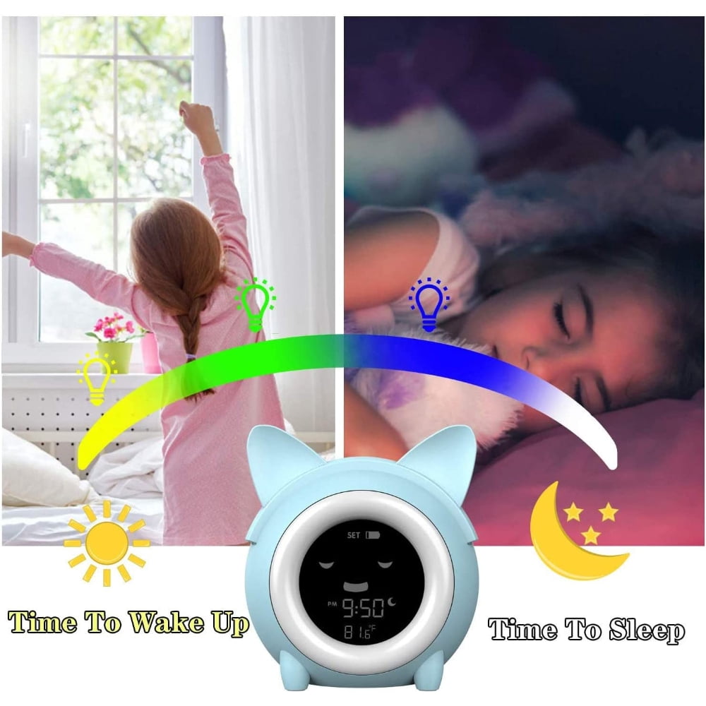 KEINXS Smart Night Light Digital Kids Alarm Clock with Cat Ears,Also with Indoor Temperature Detect,5 Color Night Light, Dimmer, 8 Nap Timer, Funny Faces, 12/24 H DST, Snooze Time to Wake Alarm