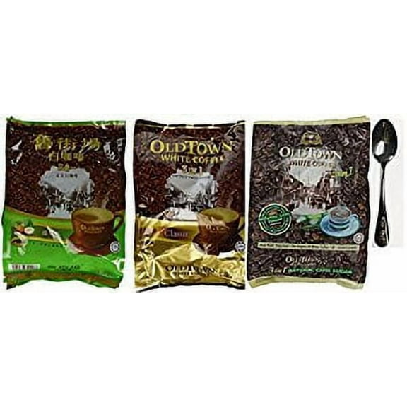 NineChef Set - Old Town - White Cafe 3in1 Hazelnut 21.2 oz   OLD TOWN 3 in 1 Classic White Coffee 21.2 Ounce   OLD TOWN 3 IN 1 Natural Cane Sugar White Coffee 19 Ounce   One NineChef Spoon