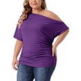 thumbnail image 4 of Agnes Orinda Women's Plus Size Tops Solid One Shoulder Short Sleeve Casual Blouses 2X Dark Purple, 4 of 6