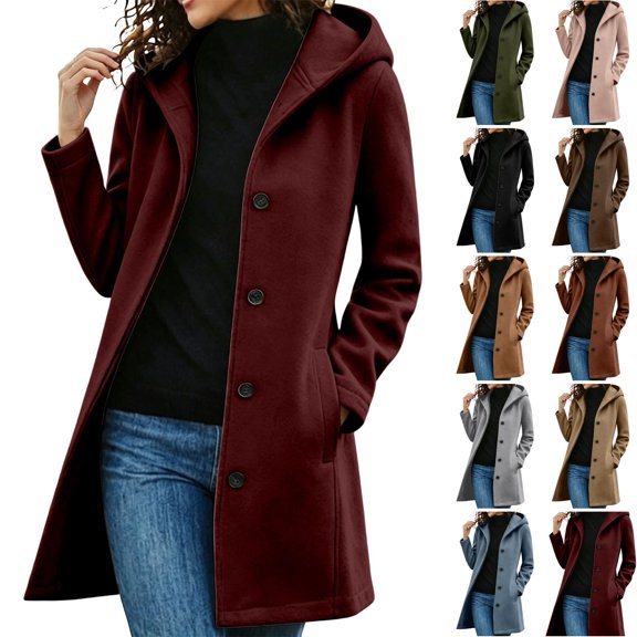 Fall Jackets for Women Long Sleeve Hooded Lightweight Trench Coats Button Down Winter Fall Work 2026 Long Jackets with Pockets Wine S