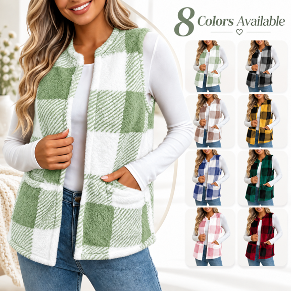 Women's Plaid Fleece Vest, Crew Neck Sleeveless Cardigan Tops, Winter Warm No Hood Outerwear Vests with Pockets