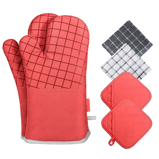 Transemion Gants de Cuisine en Silicone pour Micro-Ondes Ensemble Support de Pot Mitaines de Four en Coton Résistant à la Chaleur Gants de Barbecue pour Cuisiner Mitaines de Barbecue Rouge