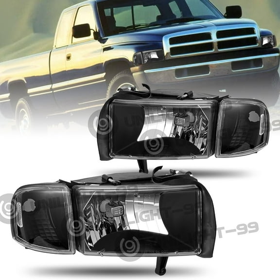 For 1994-2002 Dodge Ram Headlight 1500 2500 3500 Black Headlamp Left Right Pair