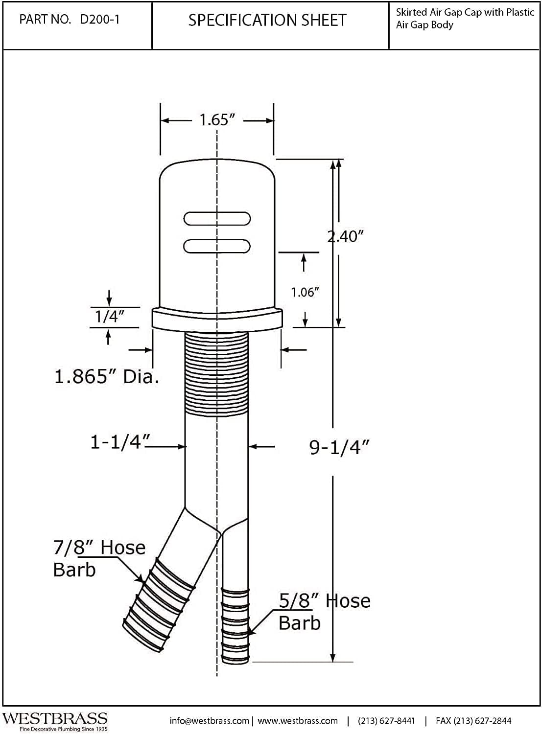 Westbrass D200-1-50-12 1-3/4" x 2-3/4" Solid Brass Air Gap Cap Kit, Skirted, Oil Rubbed Bronze (50-Pack)