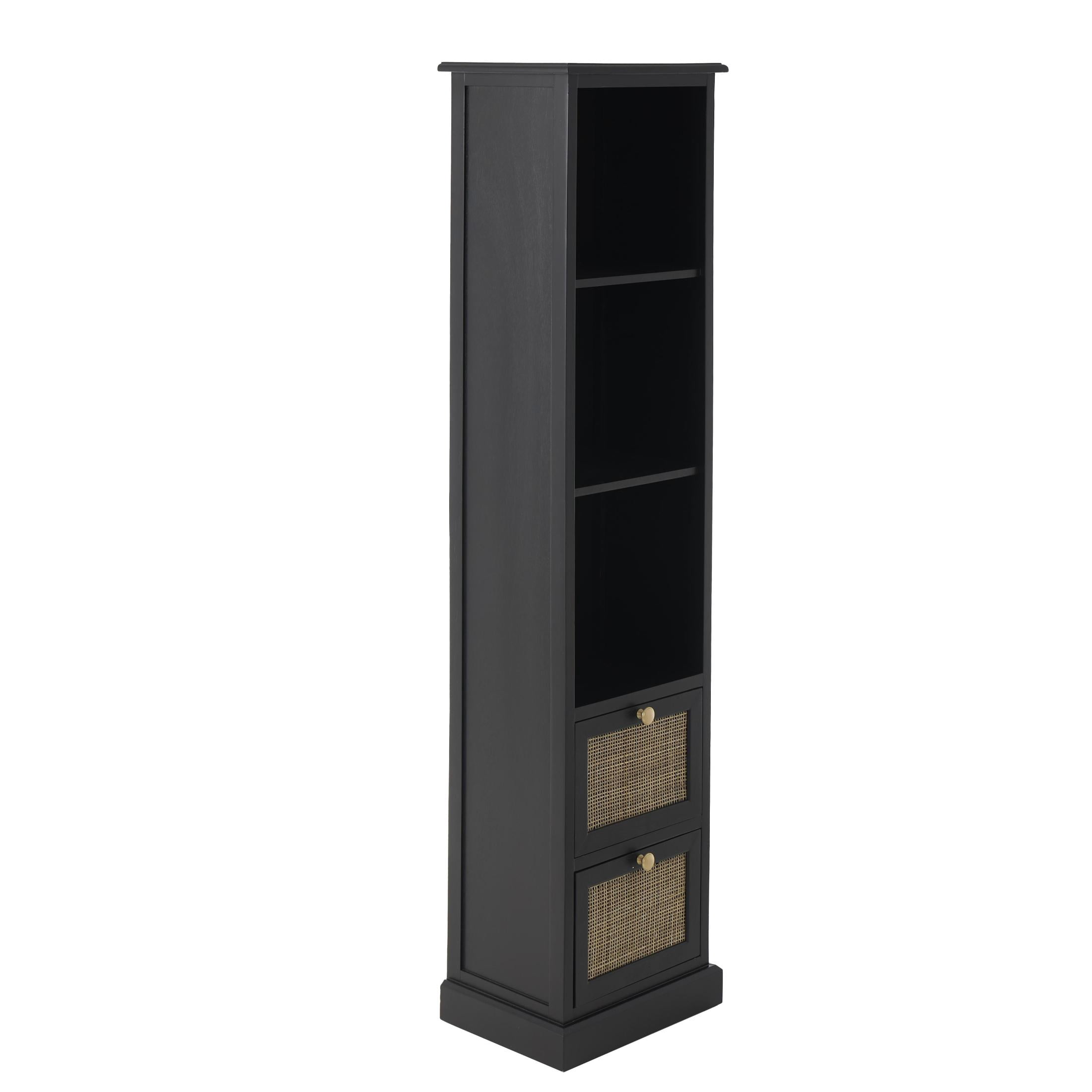 DecMode 14" x 58" Black Wood 2 Drawer and 3 Shelf Cabinet with Rattan Front, 1-Piece