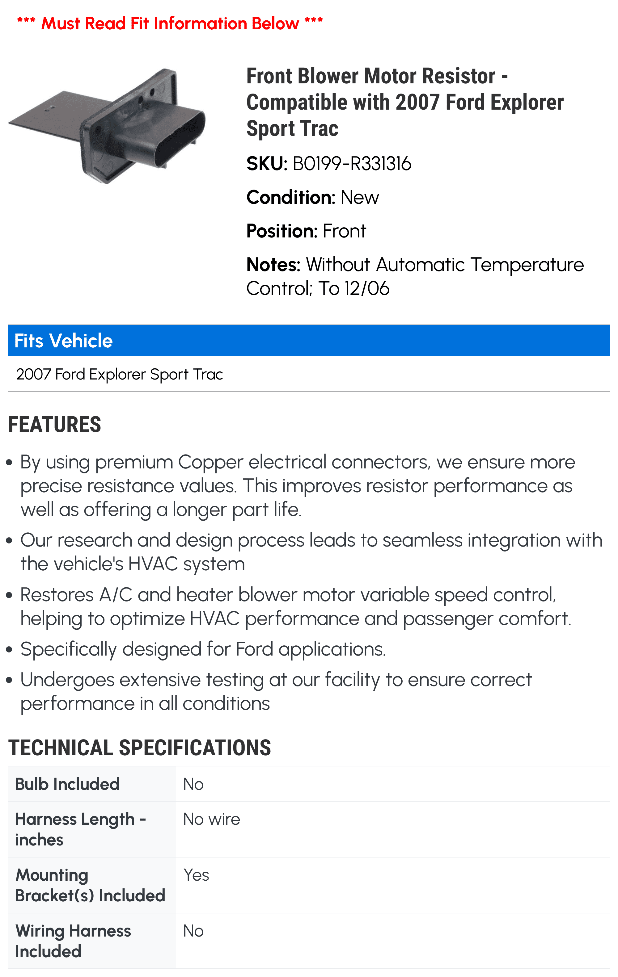 Front Blower Motor Resistor - Compatible with 2007 Ford Explorer Sport Trac