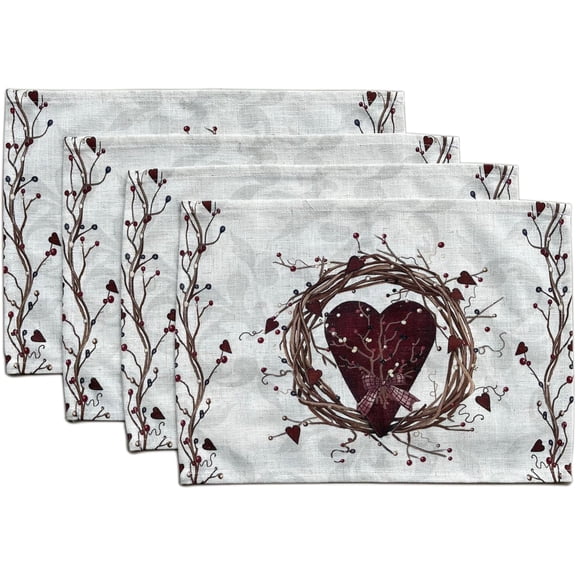 Set of 4 Placemats Country Hearts Rectangle 18 X 12 InchTable Setting Decor for Garden Farmhouse Wedding Party Holiday Dinner Home Decoration Everyday Cotton Linen