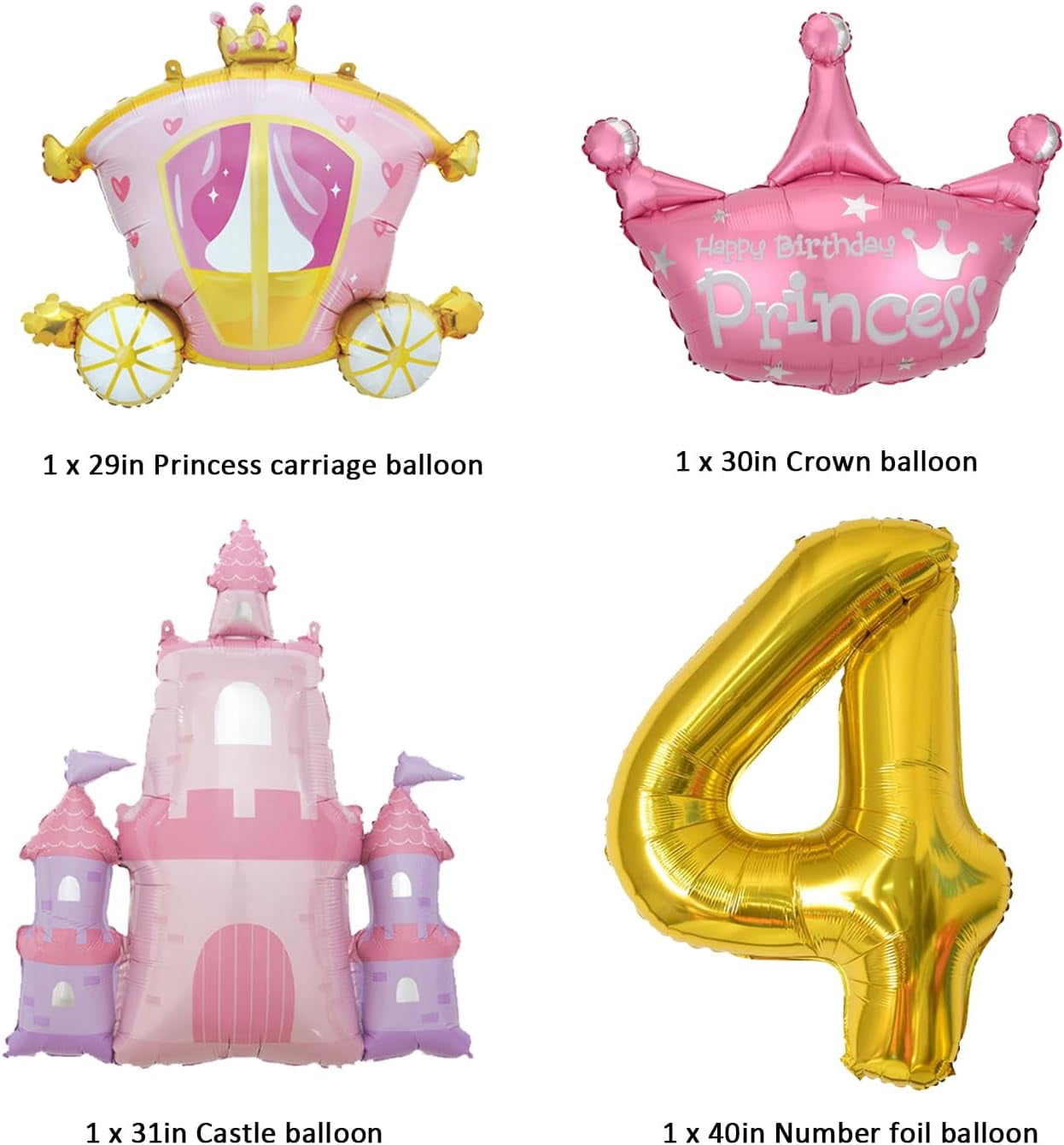 Princess Balloons for Girls' 4th Birthday Party Decorations Pink Gold Crown Pink Castle Balloon,Carriage Balloon Gold 40in Large Number Foil Balloon