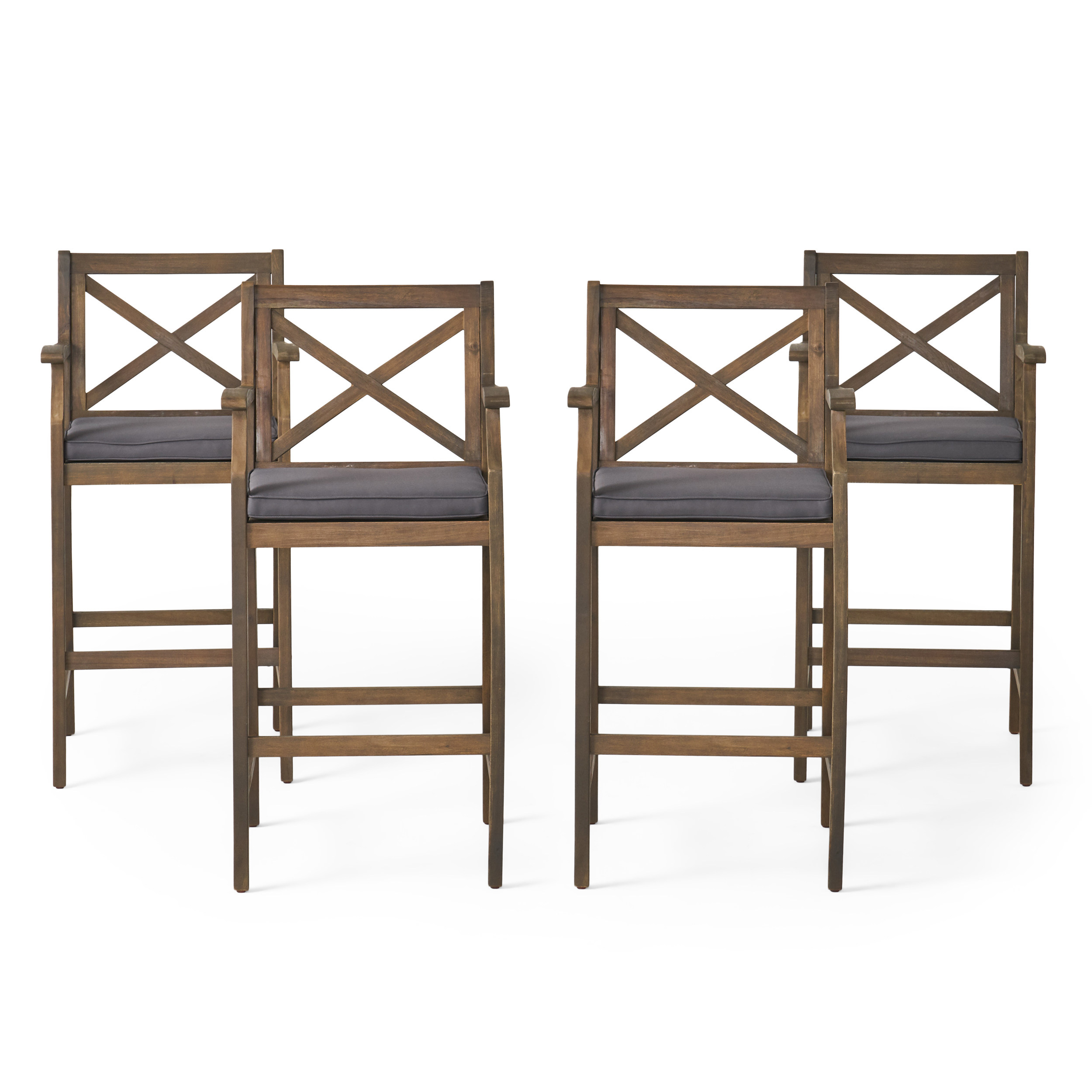 Salvatore Outdoor Acacia Wood Barstools, Gray Finish and Dark Gray, Set