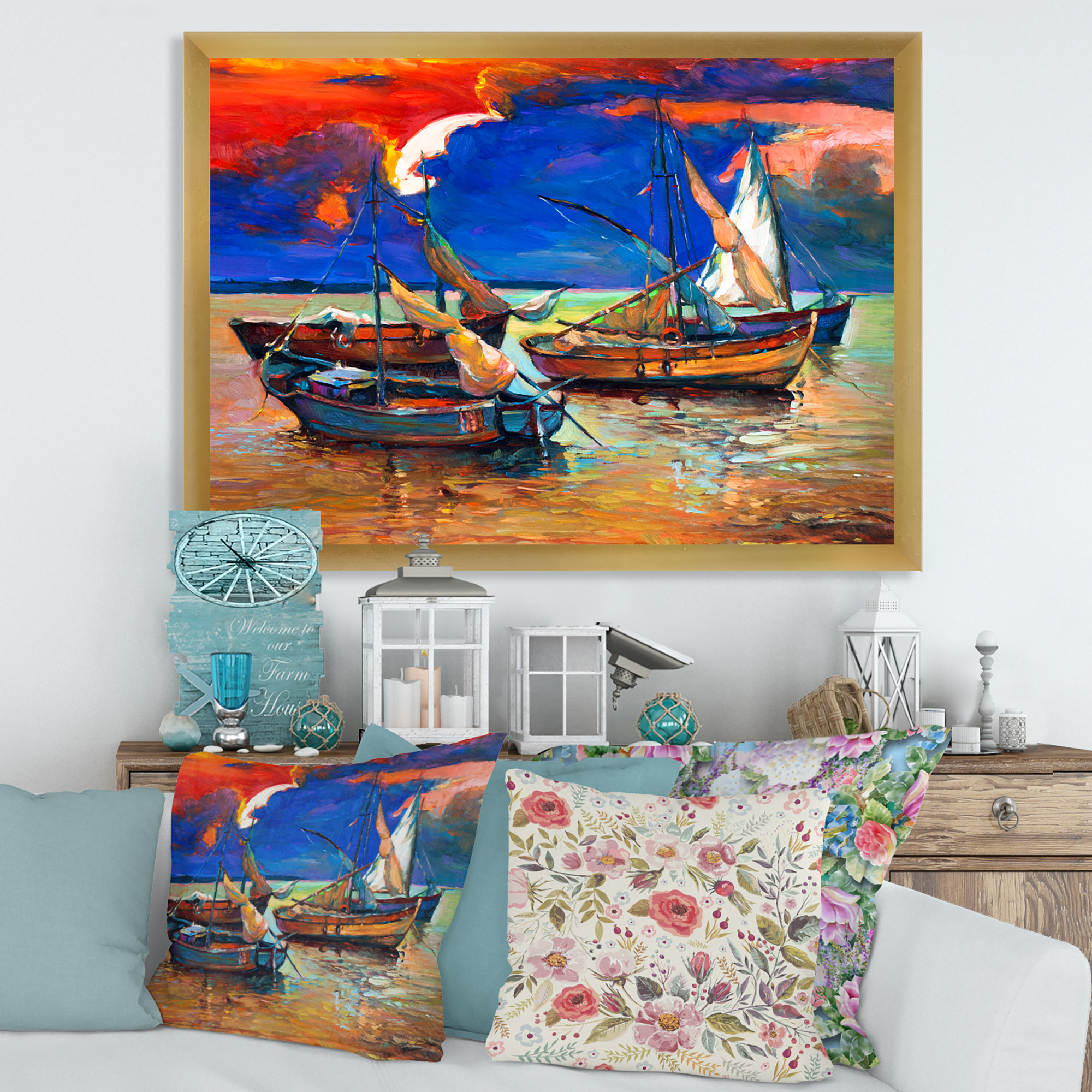 Designart 'Boats On The Water With Dark Blue Sky I' Lake House Framed Art Print