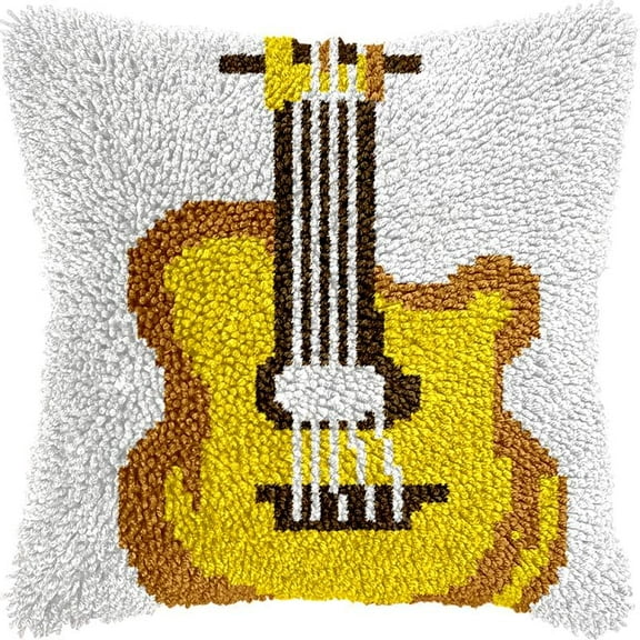 Guitar Latch Hook Kits Pillow DIY Rug Crochet Hook Cushion Making Kits Printed Pattern Canvas Pillowcase Hooking Kits Pillow Cover Crochet Kits 43x43cm(fs26)