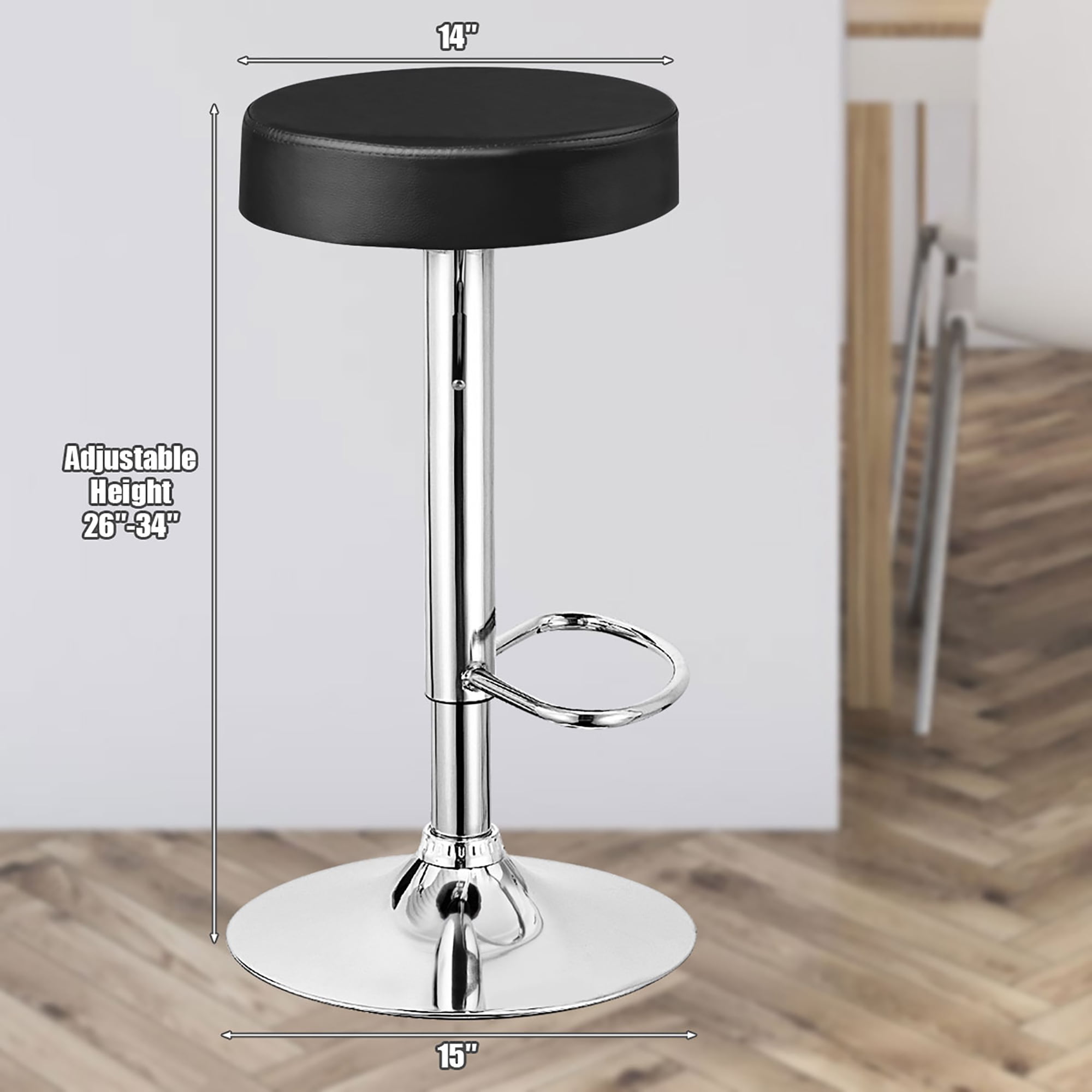 Costway 1 PC Round  Backless Bar Stool Adjustable Swivel Pub Chair U Leather with Footrest Black