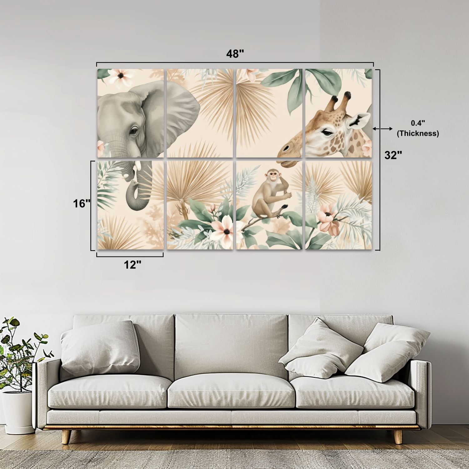 8 Pack Art Acoustic Panels Sound Absorbing Wild African Animals Tropical Leaves Watercolor Decorative Soundproof Wall Panels Self Adhesive for Nursery Game Room Bedroom 48"x32"
