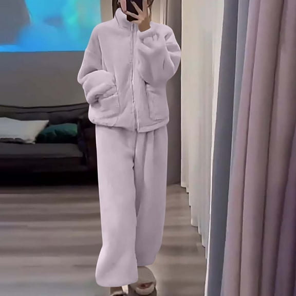 uublik Women Pajama Short Sets Soft Comfy Fleece Pjs Shirts Pants Loose 2 Piece Sleepwear Purple