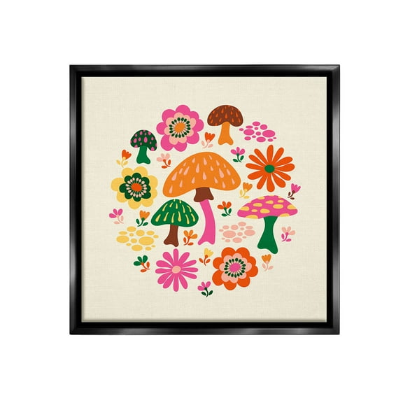 Stupell Industries Groovy Mushrooms & Daisies Botanical & Floral Painting Black Floater Framed Canvas Art Print Wall Art, 18 x 18