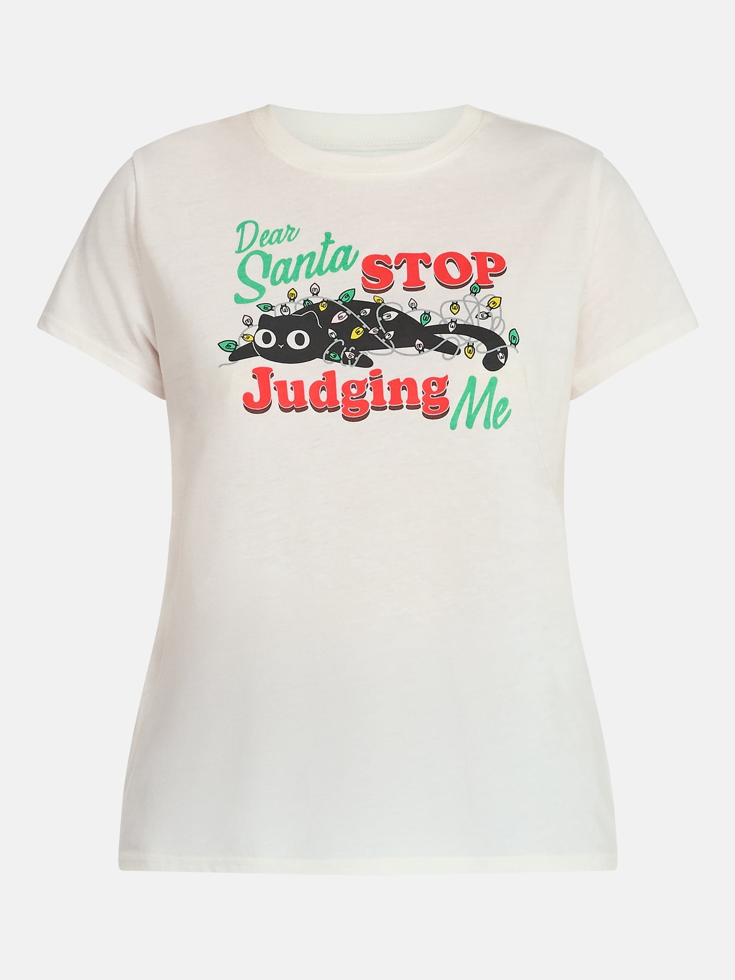 Christmas Women's Stop Judging Santa Graphic Tee with Short Sleeves, Sizes XXS-XXL