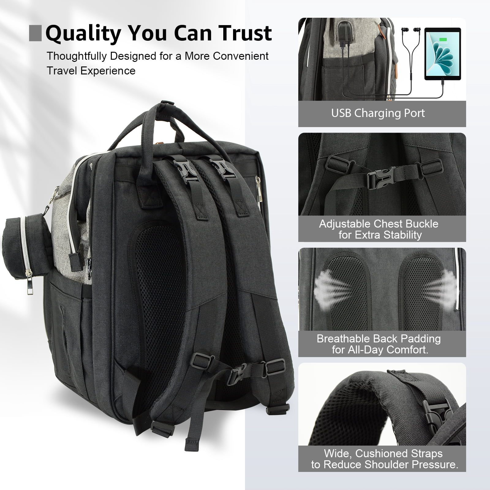 Diaper Bag Backpack for Mom and Dad – Large Capacity Baby Bag w/ USB Port – Waterproof Travel Backpack for Baby Essentials, Stylish Gray/Black
