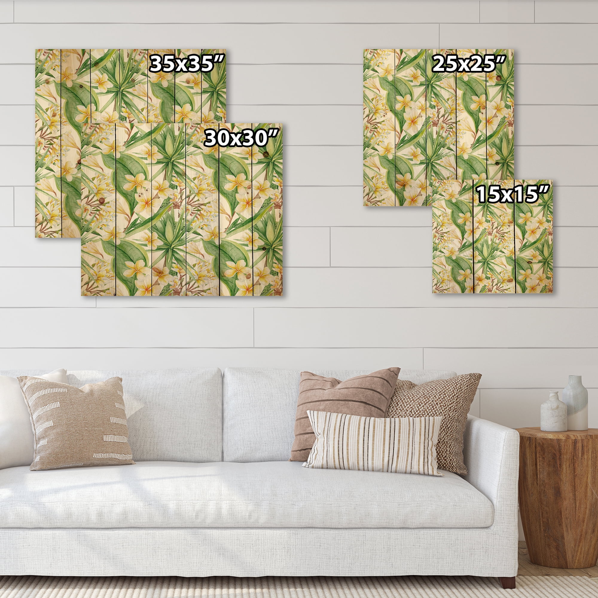Designart 'Yellow Flowers and Tropical Foliage IX' Modern Print on Natural Pine Wood