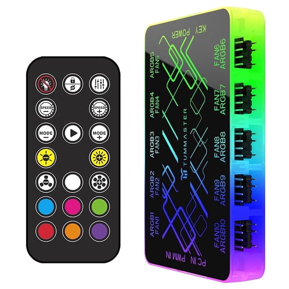Samovi ARGB Fan Hub, 10-Port 4 Pin Fan Controller PC, 5V-3Pin LED Hub, Magnetic Mount, SATA Power Input, RF Remote & Chassis Key Control, Support 10 PWM Case Fans Splitter & ARGB Lighting Devices
