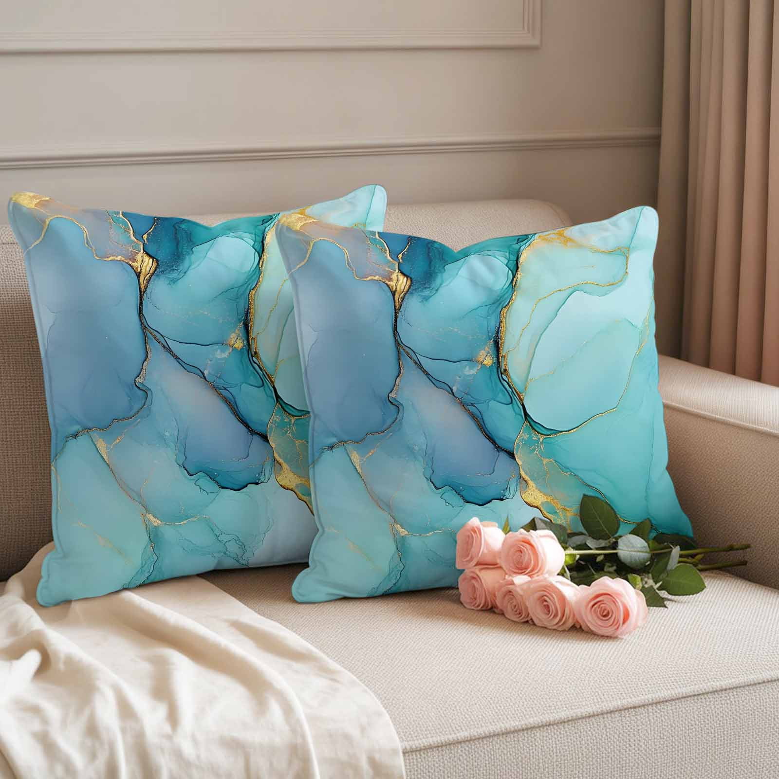 Waterproof Throw Pillow Covers 16x16 Set of 2, Ombre Aqua Green Blue Marble Outdoor Pillowcases with Invisible Zipper, Golden Vein Abstract Color Decorative Cushion Covers for Patio Garden Sofa Couch